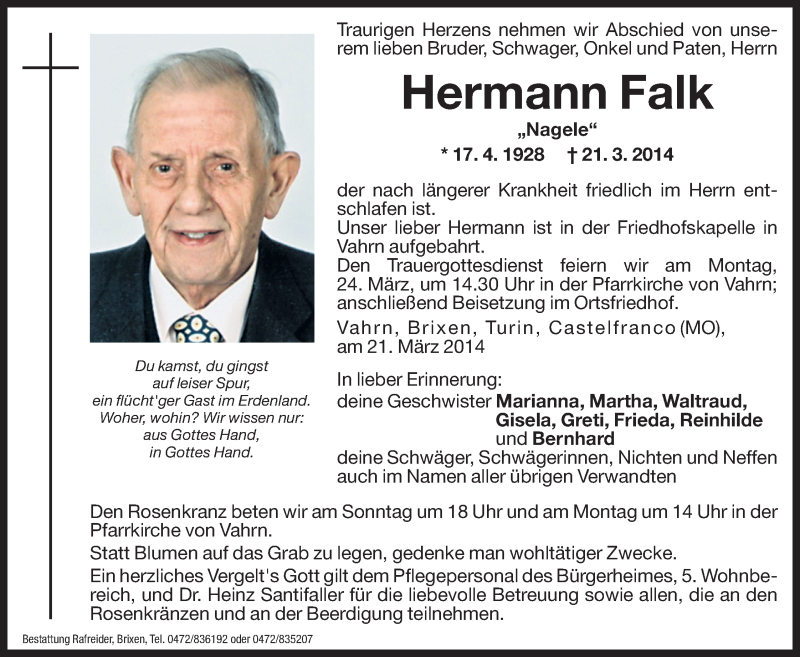  Traueranzeige für Hermann Falk vom 22.03.2014 aus Dolomiten