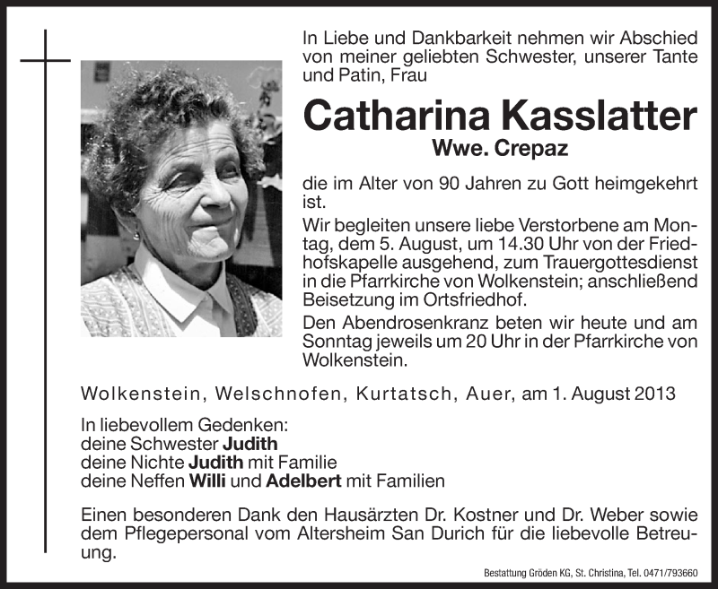  Traueranzeige für Catharina Crepaz vom 03.08.2013 aus Dolomiten