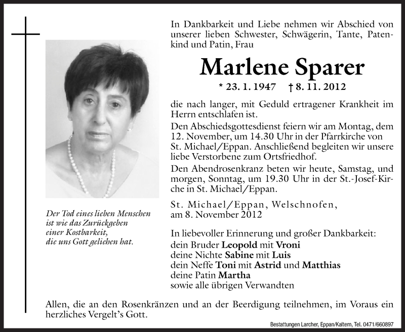  Traueranzeige für Marlene Sparer vom 10.11.2012 aus Dolomiten