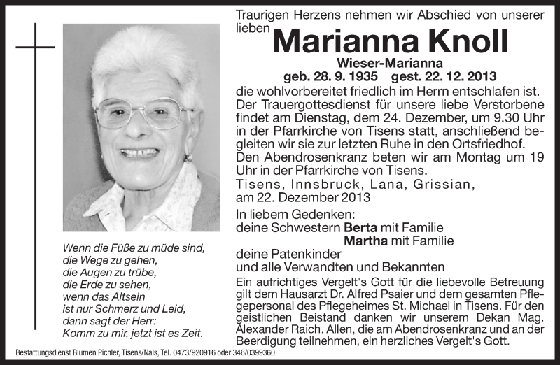  Traueranzeige für Marianna Knoll vom 23.12.2013 aus Dolomiten