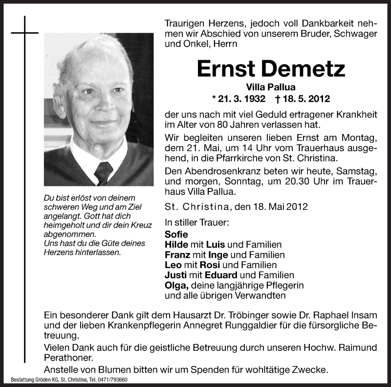  Traueranzeige für Ernst Demetz vom 19.05.2012 aus Dolomiten