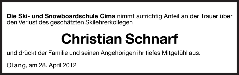  Traueranzeige für Christian Schnarr vom 30.04.2012 aus Dolomiten