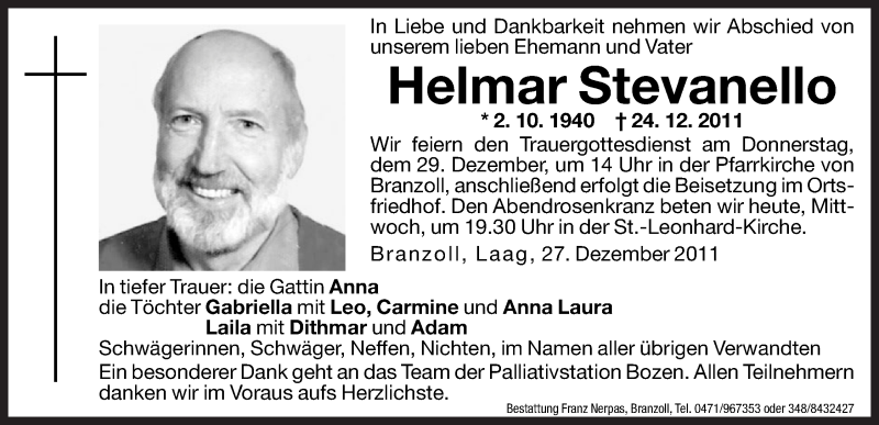  Traueranzeige für Helmar Stevanello vom 28.12.2011 aus Dolomiten