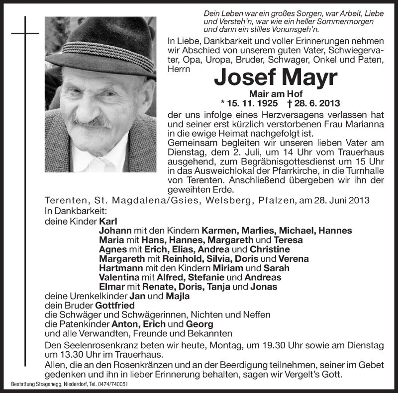  Traueranzeige für Josef Mayr vom 01.07.2013 aus Dolomiten