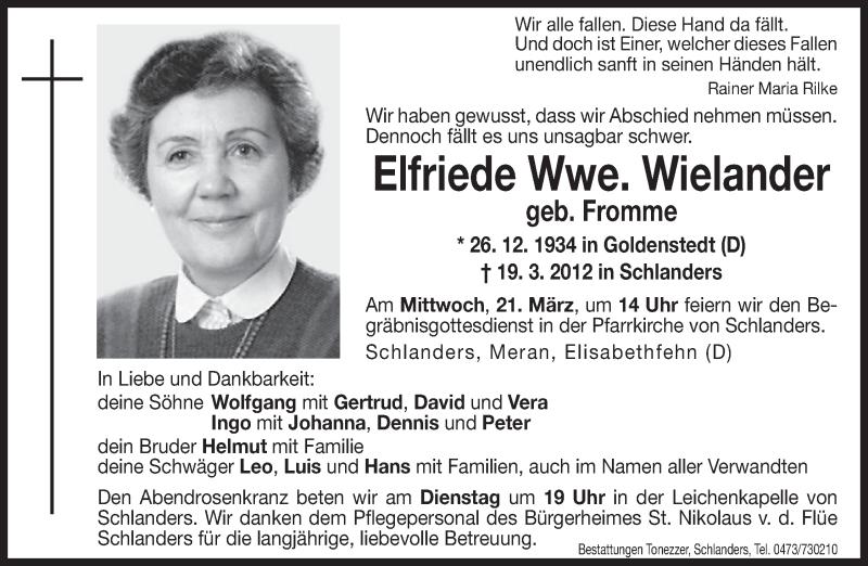  Traueranzeige für Elfriede Wielander vom 20.03.2012 aus Dolomiten