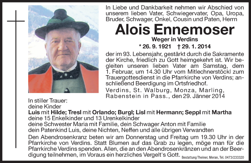  Traueranzeige für Alois Ennemoser vom 30.01.2014 aus Dolomiten