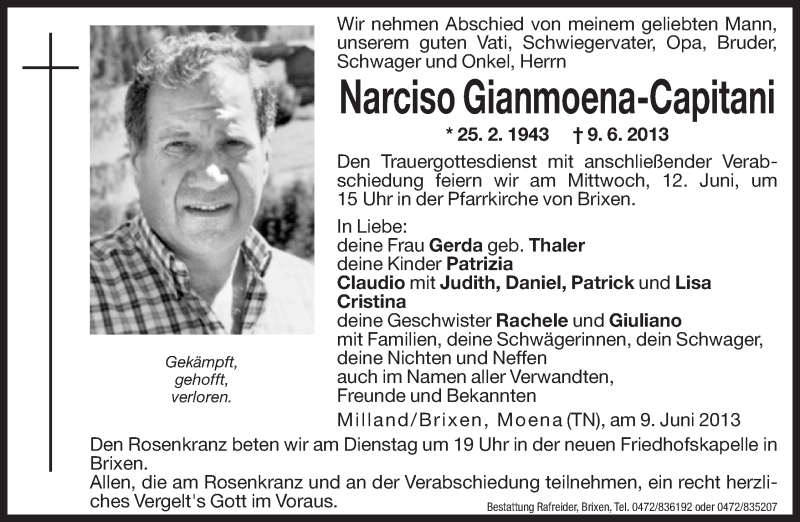  Traueranzeige für Narciso Gianmoena-Capitani vom 11.06.2013 aus Dolomiten