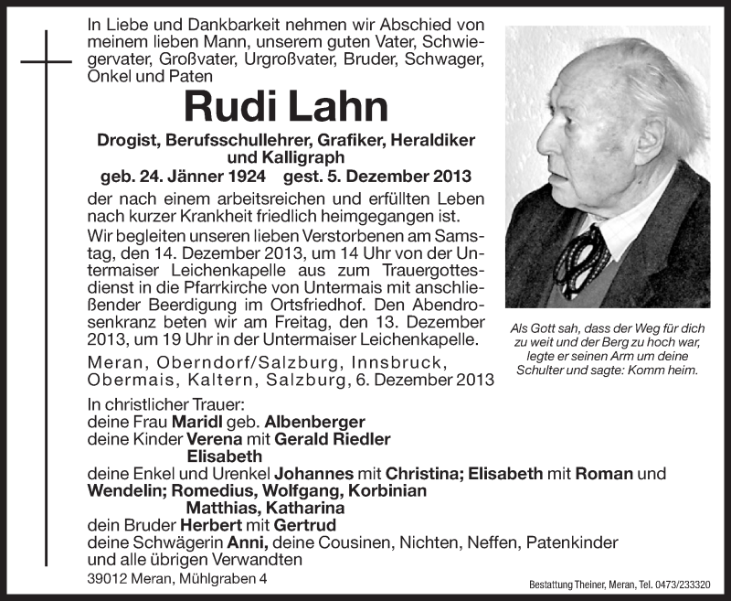  Traueranzeige für Rudi Lahn vom 13.12.2013 aus Dolomiten