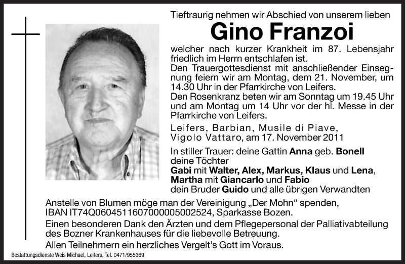  Traueranzeige für Gino Franzoi vom 19.11.2011 aus Dolomiten