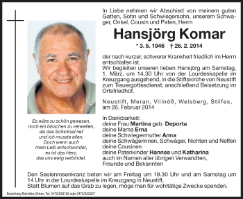 Traueranzeige von Hansjörg Komar von Dolomiten