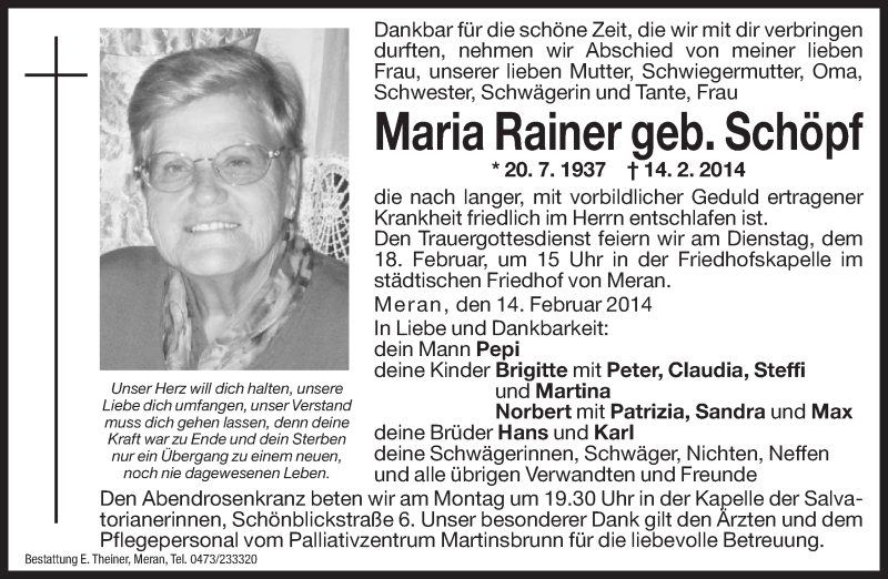  Traueranzeige für Maria Rainer vom 17.02.2014 aus Dolomiten