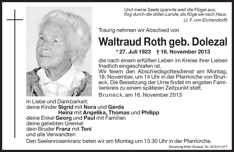  Traueranzeige für Waltraud Roth vom 18.11.2013 aus Dolomiten