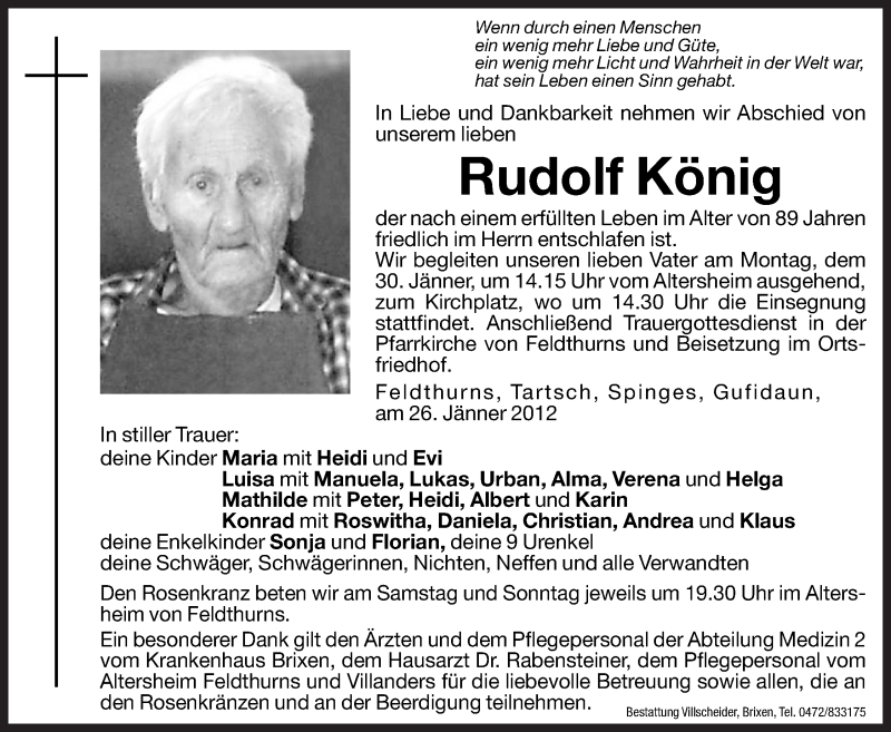  Traueranzeige für Rudolf König vom 28.01.2012 aus Dolomiten