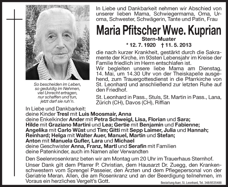  Traueranzeige für Maria Kuprian vom 13.05.2013 aus Dolomiten