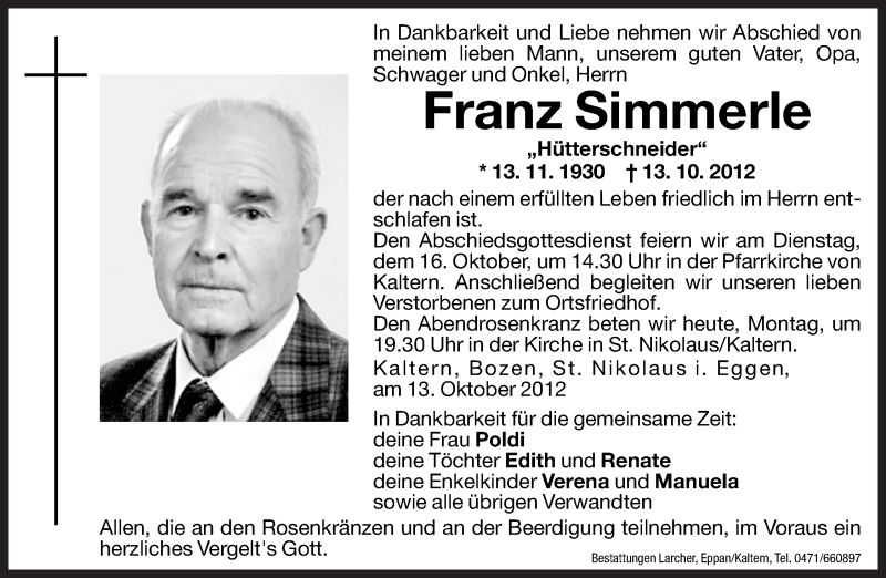  Traueranzeige für Franz Simmerle vom 15.10.2012 aus Dolomiten