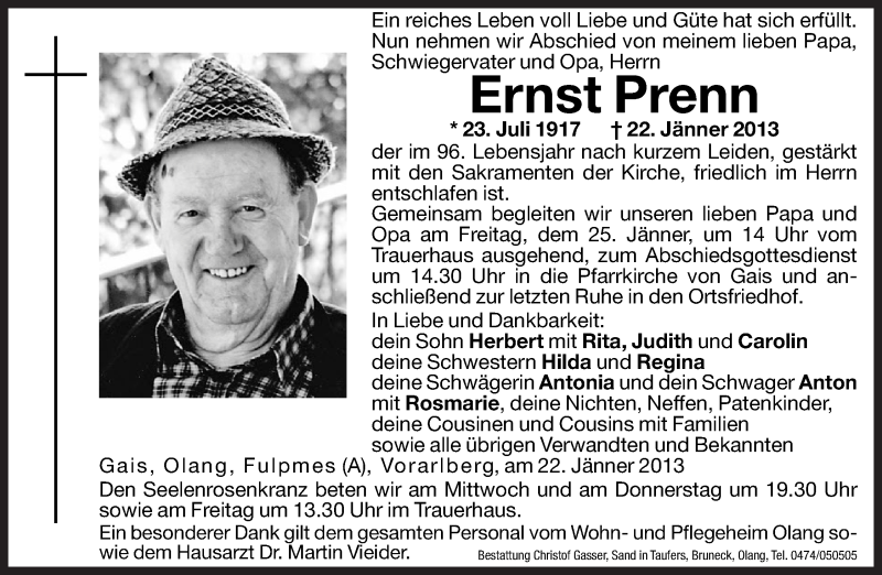  Traueranzeige für Ernst Prenn vom 23.01.2013 aus Dolomiten