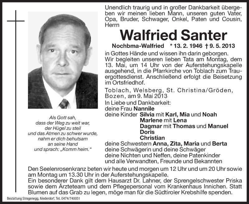  Traueranzeige für Walfried Santer vom 11.05.2013 aus Dolomiten