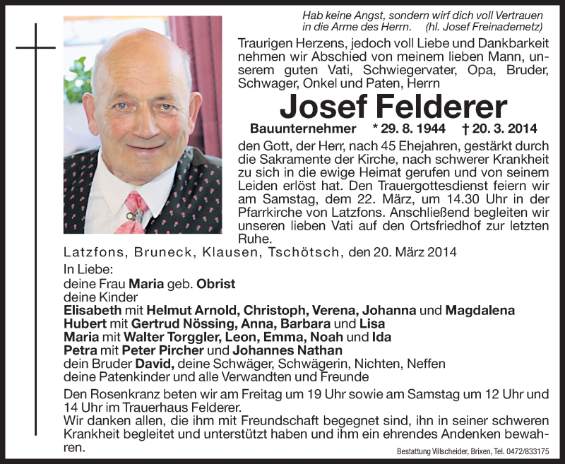  Traueranzeige für Josef Felderer vom 21.03.2014 aus Dolomiten