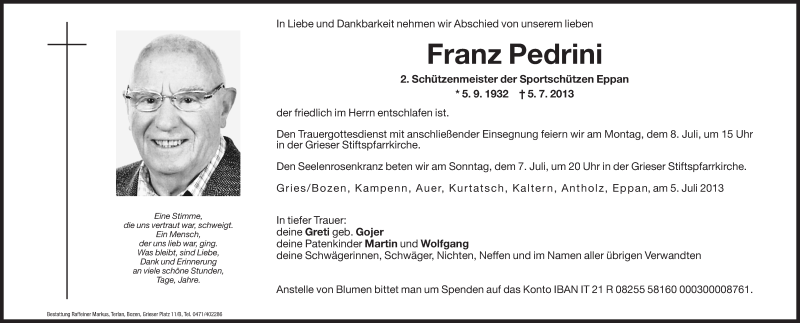  Traueranzeige für Franz Pedrini vom 06.07.2013 aus Dolomiten