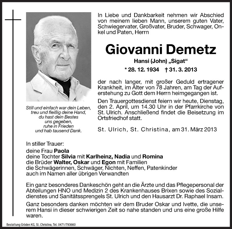  Traueranzeige für Giovanni Demetz vom 02.04.2013 aus Dolomiten