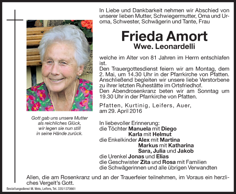  Traueranzeige für Frieda Leonardelli vom 30.04.2016 aus Dolomiten