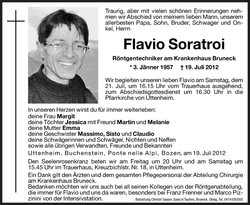  Traueranzeige für Flavio Soratroi vom 20.07.2012 aus Dolomiten