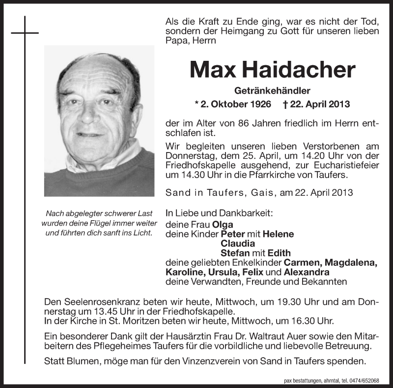  Traueranzeige für Max Haidacher vom 24.04.2013 aus Dolomiten