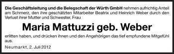 Traueranzeige von Maria Mattuzzi von Dolomiten