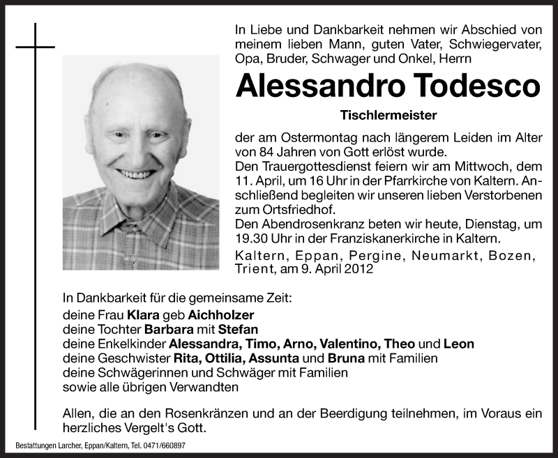  Traueranzeige für Alessandro Todesco vom 10.04.2012 aus Dolomiten