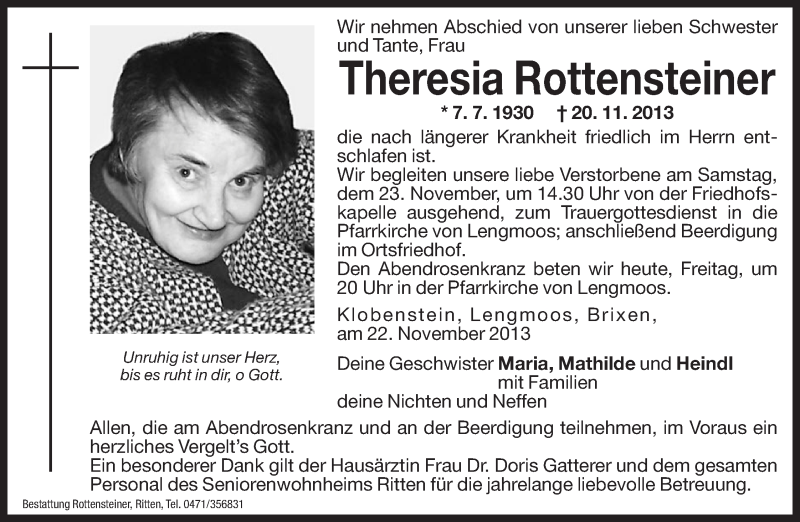  Traueranzeige für Theresia Rottensteiner vom 22.11.2013 aus Dolomiten