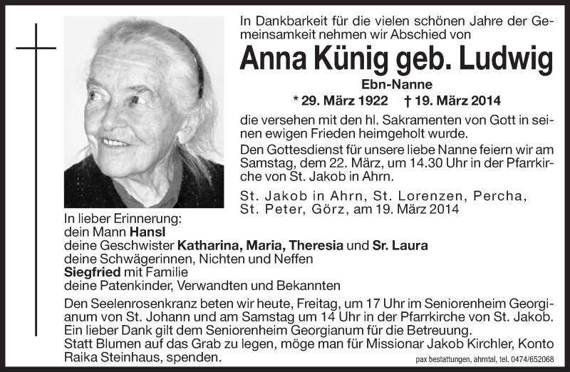  Traueranzeige für Anna Künig vom 21.03.2014 aus Dolomiten