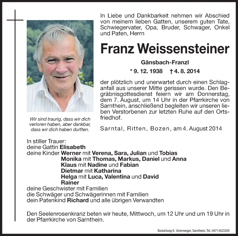  Traueranzeige für Franz Weissensteiner vom 06.08.2014 aus Dolomiten