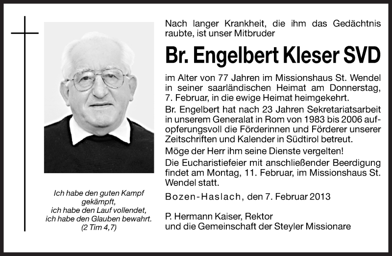  Traueranzeige für Engelbert Kleser vom 09.02.2013 aus Dolomiten