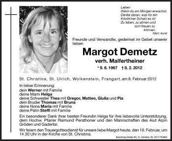 Traueranzeige von Margot Demetz von Dolomiten