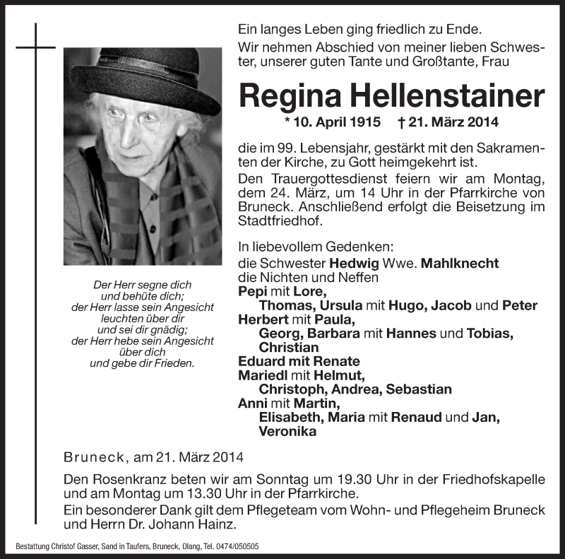  Traueranzeige für Regina Hellenstainer vom 22.03.2014 aus Dolomiten