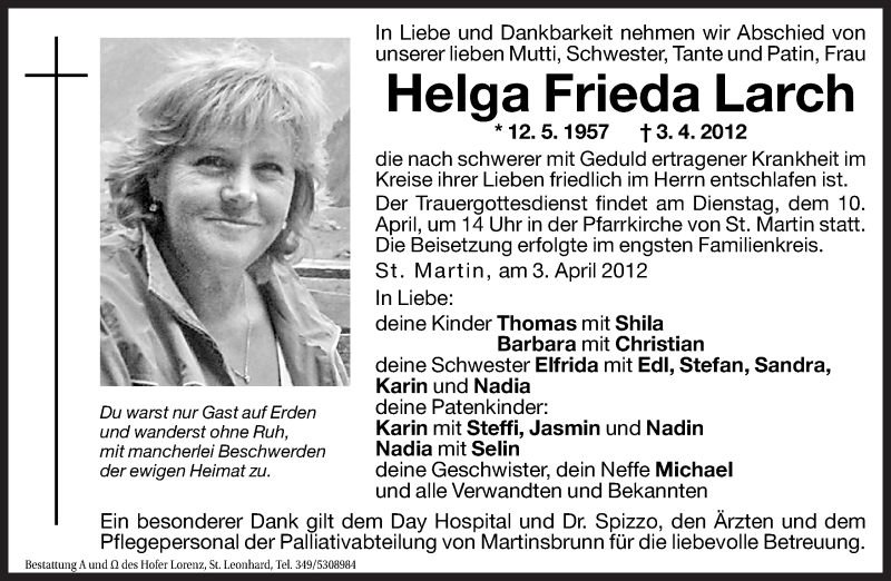  Traueranzeige für Helga Frieda Larch vom 07.04.2012 aus Dolomiten