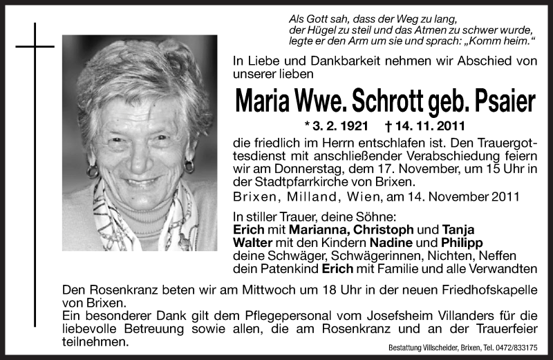  Traueranzeige für Maria Schrott vom 16.11.2011 aus Dolomiten