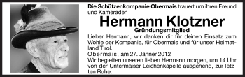 Traueranzeige von Hermann Klotzner von Dolomiten