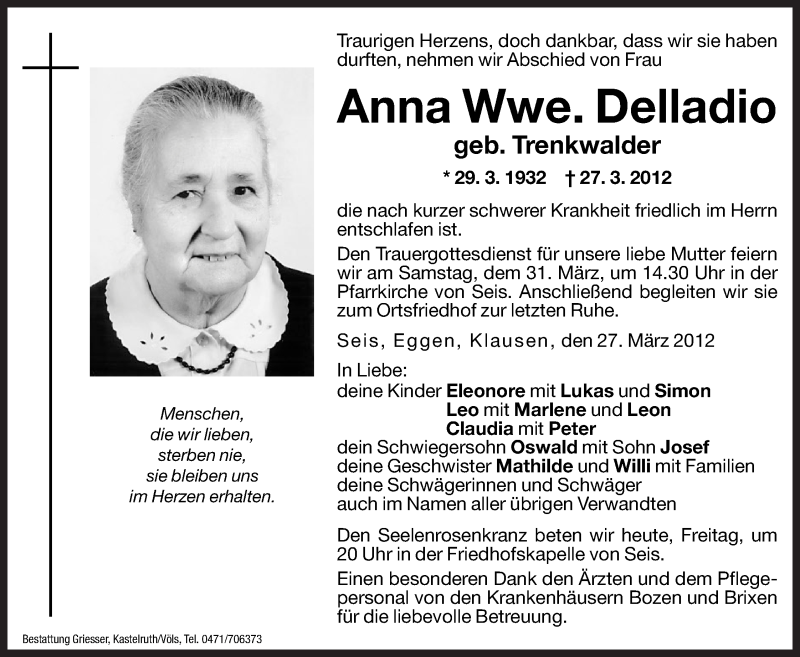  Traueranzeige für Anna Delladio vom 30.03.2012 aus Dolomiten