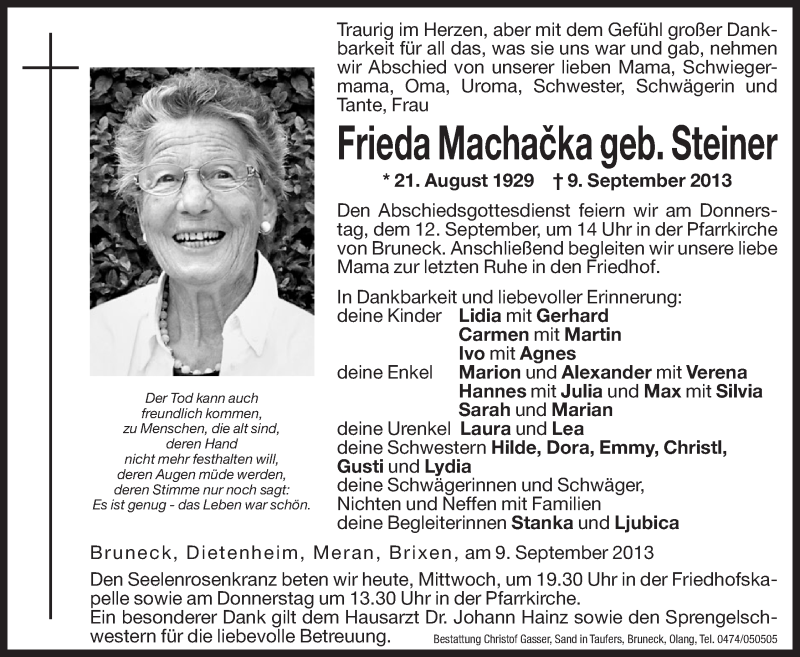  Traueranzeige für Frieda Machacka vom 11.09.2013 aus Dolomiten