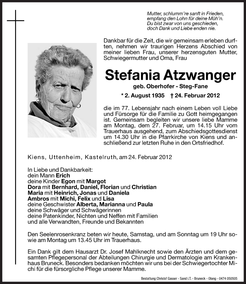  Traueranzeige für Stefania Atzwanger vom 25.02.2012 aus Dolomiten