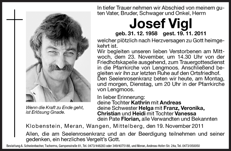  Traueranzeige für Josef Vigl vom 21.11.2011 aus Dolomiten