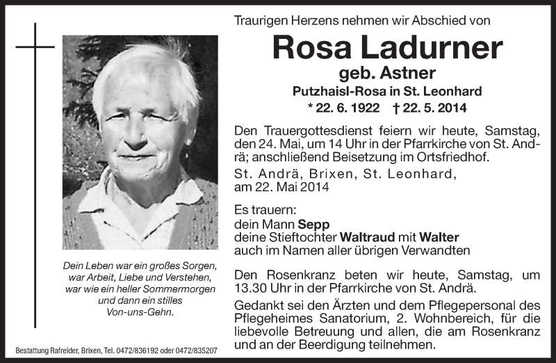  Traueranzeige für Rosa Ladurner vom 24.05.2014 aus Dolomiten