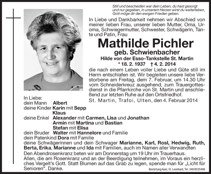  Traueranzeige für Mathilde Pichler vom 06.02.2014 aus Dolomiten