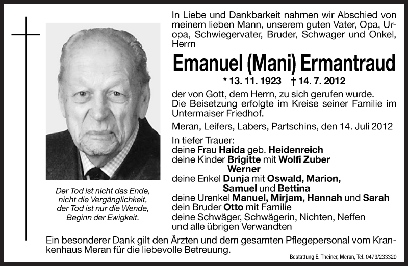  Traueranzeige für Emanuel Ermantraud vom 27.07.2012 aus Dolomiten