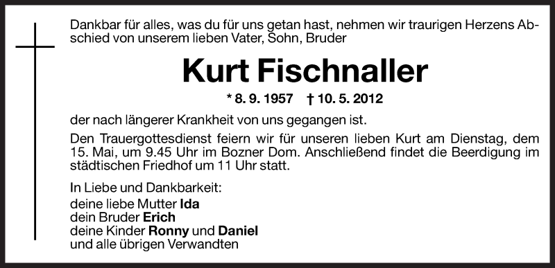  Traueranzeige für Kurt Fischnaller vom 12.05.2012 aus Dolomiten