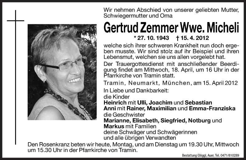  Traueranzeige für Gertrud Micheli vom 16.04.2012 aus Dolomiten