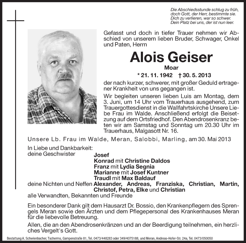  Traueranzeige für Alois Geiser vom 01.06.2013 aus Dolomiten