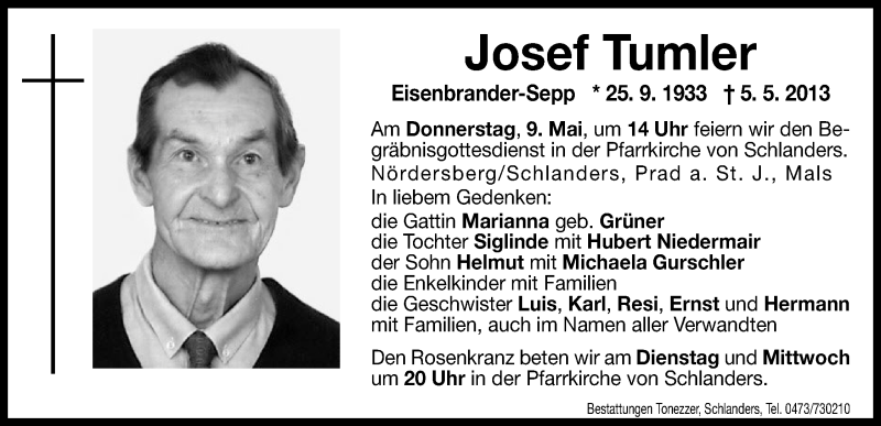  Traueranzeige für Josef Tumler vom 07.05.2013 aus Dolomiten