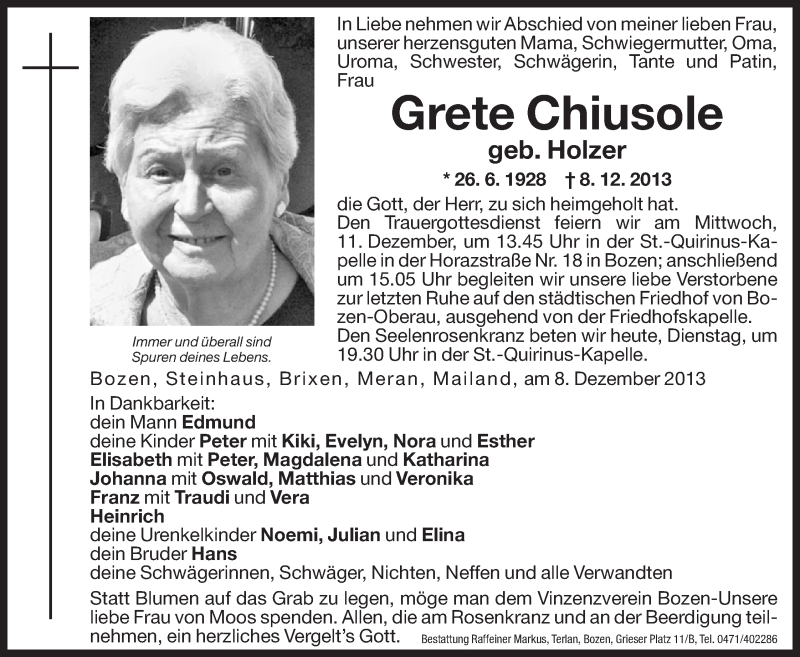  Traueranzeige für Grete Chiusole vom 10.12.2013 aus Dolomiten